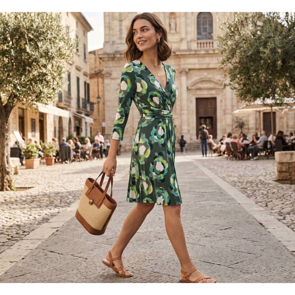 BODEN Surplice V- Neck Floral Green Dress Size 6